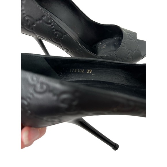 Gucci Size 9/39 Guccissima Black Leather Logo Open Toe Pumps - Picture 8 of 8